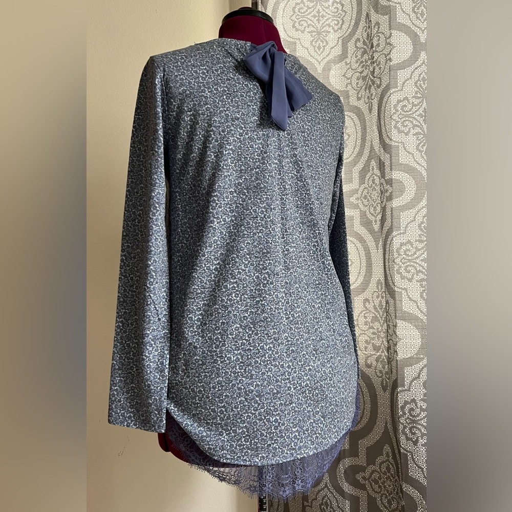Blue Grey Top with Bow Lace Accents